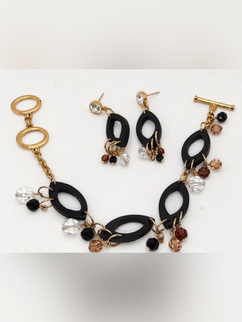 Swarovski Black, Clear & Brown Crystal Link Necklace Set